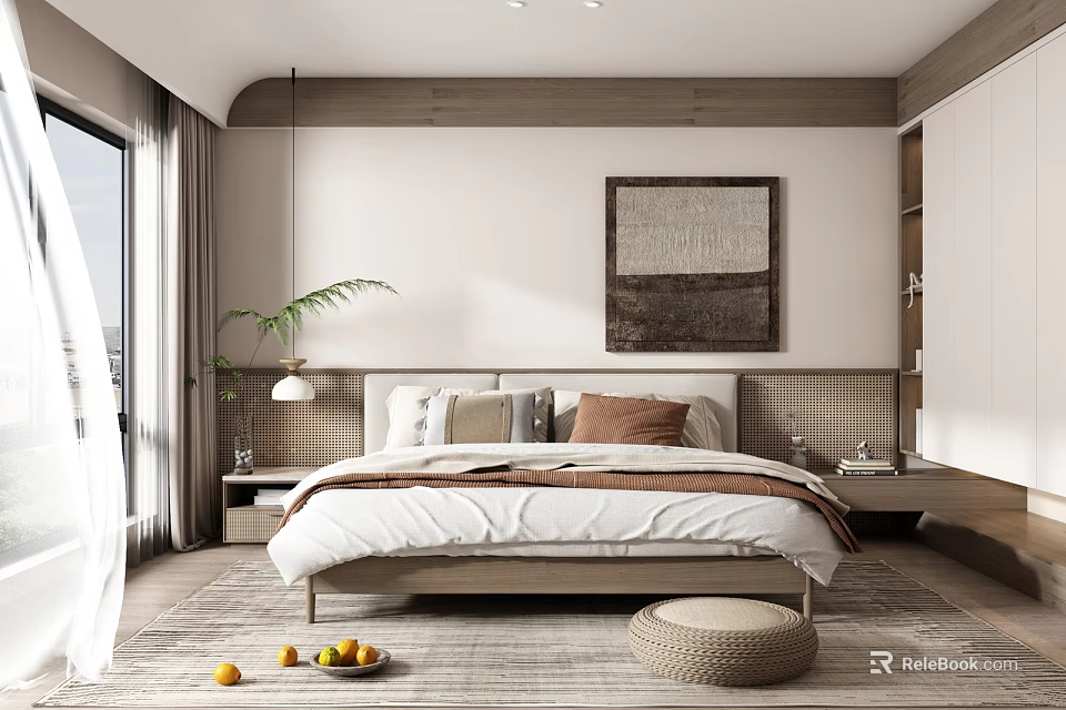 Minimalist Bedroom Interior With Wooden Headboard Wall Art Floor to Ceiling Window And Potted Plant 3d model 