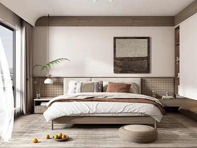 Minimalist Bedroom Interior With Wooden Headboard Wall Art Floor to Ceiling Window And Potted Plant 3d model