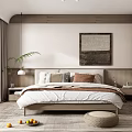 Minimalist Bedroom Interior With Wooden Headboard Wall Art Floor to Ceiling Window And Potted Plant