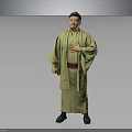 Man Wearing Green Kimono With Red Belt Standing With Hands On Chest Against Gray Background