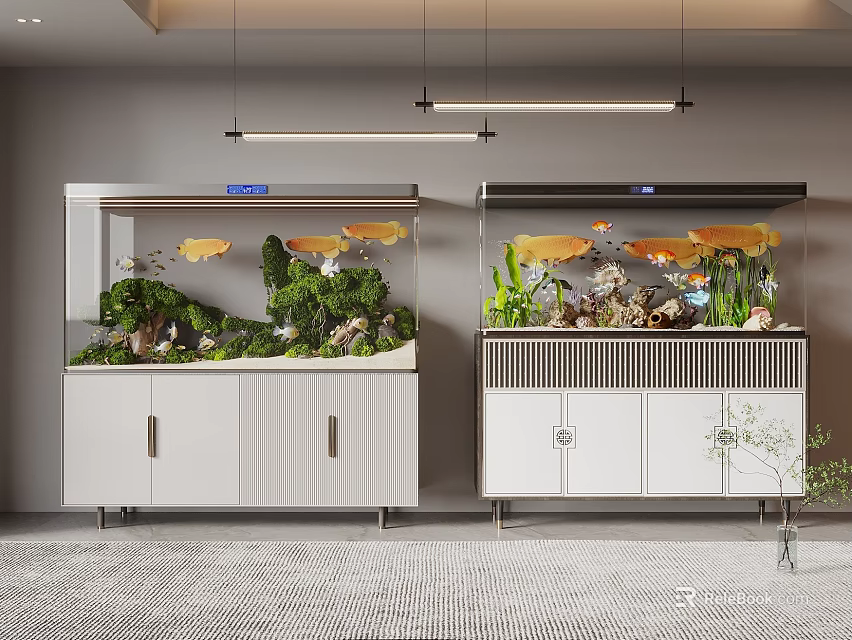 Modern Aquariums With Fish Plants And Cabinet Decorations 3d model 