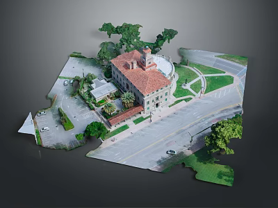 Detailed Architectural Scene Model Featuring Building with Red Roof Trees Roads and Lawn 3d model