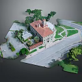 Detailed Architectural Scene Model Featuring Building with Red Roof Trees Roads and Lawn