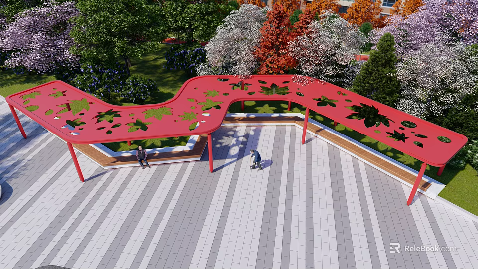 Red Pergola with Leaf Pattern Cutouts Surrounded by Greenery and Striped Pavement 3d model