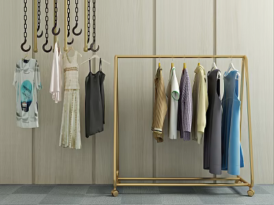 Various Style Clothes Hanging On Golden Rack Against Wooden Wall Background 3d model Various Style Clothes Hanging On Golden Rack Against Wooden Wall Background 3d model