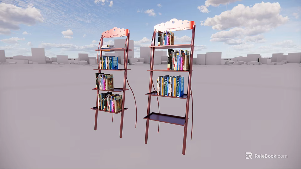 Two Stylish Red Frame Multi Tier Bookcases With Books On Shelves 3d model 
