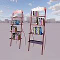 Two Stylish Red Frame Multi Tier Bookcases With Books On Shelves