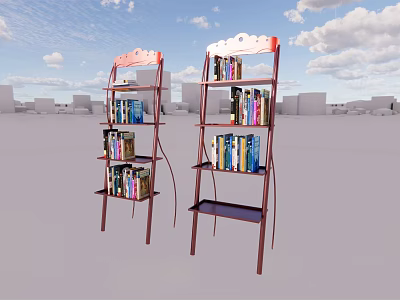 Two Stylish Red Frame Multi Tier Bookcases With Books On Shelves 3d model