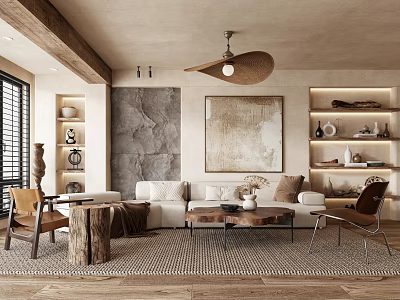 Warm Rustic Living Room Interior With Wooden Beams Sofa Coffee Table And Artwork 3d model