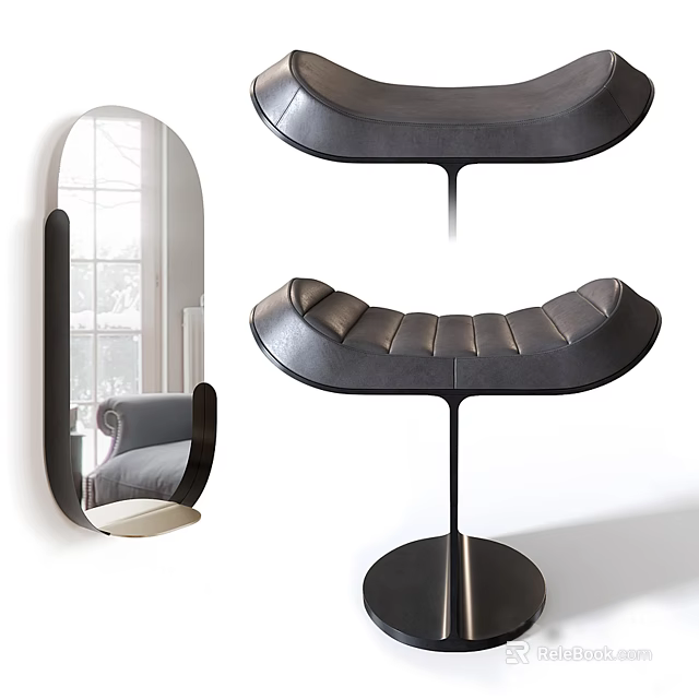 Modern Black Leather Sofa Stool With Curved Design And Mirror Accent 3d model 