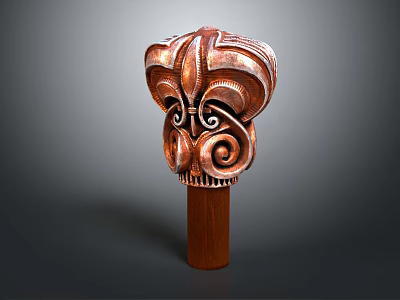 Traditional Wooden Carved Weapon With Decorative Head Intricate Patterns And Handle 3d model