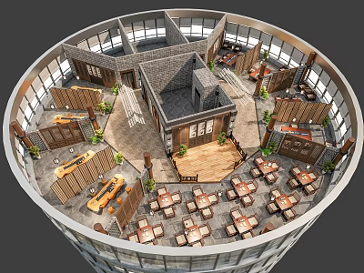 Tea House Interior Design With Circular Layout Wooden Structure And Tables Chairs 3d model