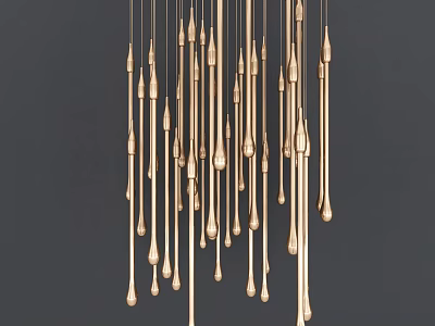 Golden Chandelier With Slim Metal Rods And Teardrop Decorations On Dark Gray Background 3d model