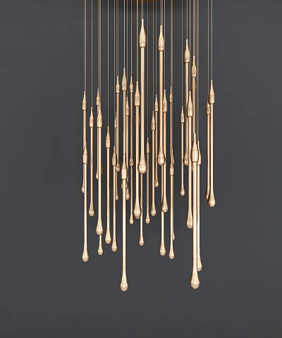 Golden Chandelier With Slim Metal Rods And Teardrop Decorations On Dark Gray Background 3d model