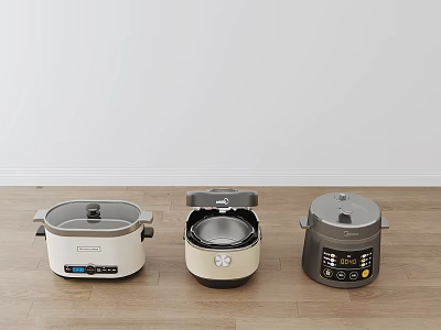 Different Style Kitchen Appliances Three Rice Cookers On Wooden Floor With Control Panels 3d model