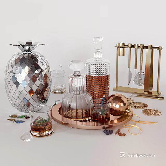 Elegant Silver Copper Glass Tableware Set With Decorative Tray And Stand 3d model 