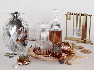 Elegant Silver Copper Glass Tableware Set With Decorative Tray And Stand 3d model