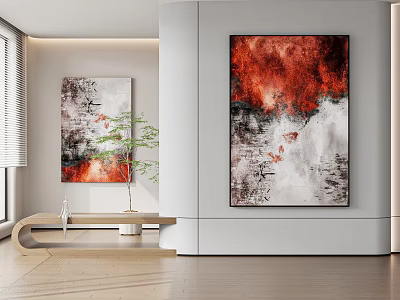 Modern Interior Red White Gray Abstract Paintings Hanging On Wall With Plant And Table 3d model