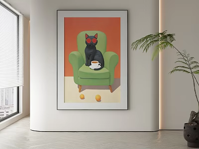 Abstract Painting with Black Cat on Green Armchair White Cup Yellow Fruits in Interior 3d model