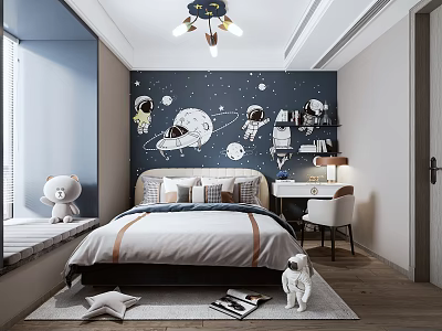 Kids Room Interior Design With Starry Wall Bed Toys Desk Chair And Cozy Rug 3d model