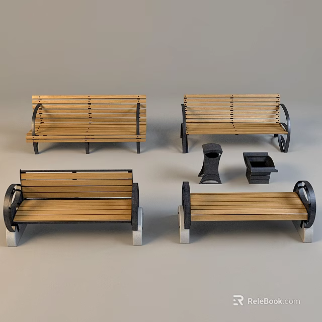 Outdoor Wooden Benches With Metal Armrests Modern Design For Garden Patio Use 3d model 