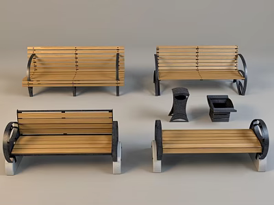 Outdoor Wooden Benches With Metal Armrests Modern Design For Garden Patio Use 3d model