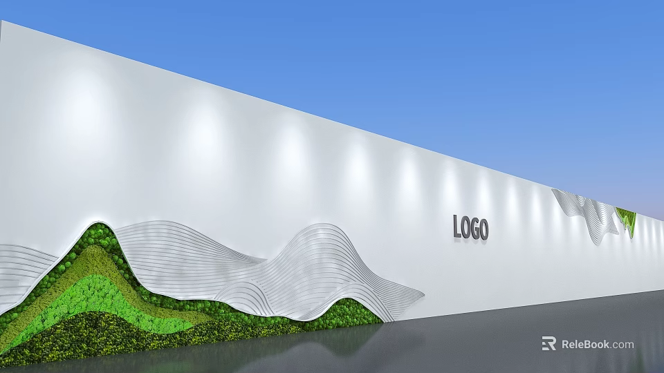 Event Display Wall With White Surface Wavy Design Green Elements And Logo 3d model 