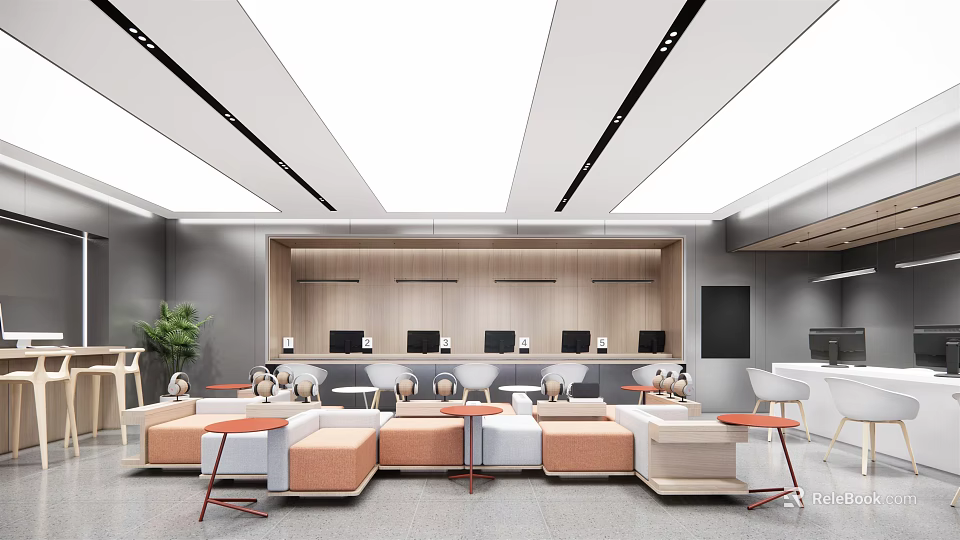 Modern Lounge Area Interior Design With Comfortable Orange White Seating Small Tables And Green Plants 3d model 