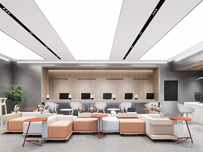 Modern Lounge Area Interior Design With Comfortable Orange White Seating Small Tables And Green Plants 3d model