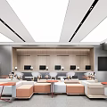 Modern Lounge Area Interior Design With Comfortable Orange White Seating Small Tables And Green Plants