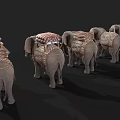 Group of Five Elephants Carrying Cargo with Traditional Saddles and Wooden Structures