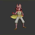 Animated Game Character With Pink Ears White Outfit Yellow Belt Green Leaf Standing Pose