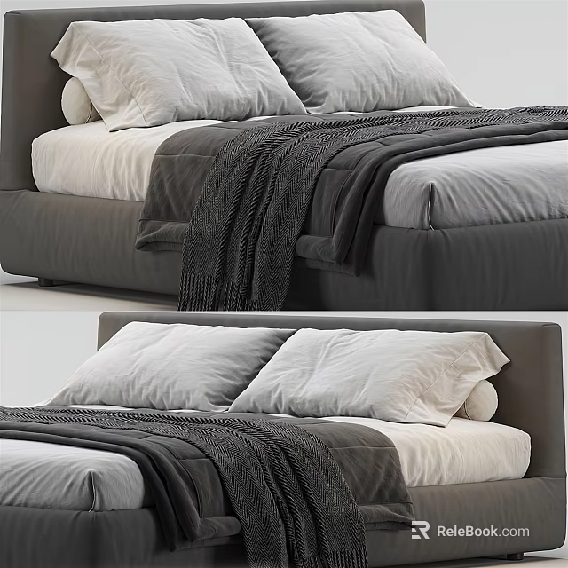 Modern Double Bed With Upholstered Headboard White Pillows And Gray Throw Blanket 3d model 