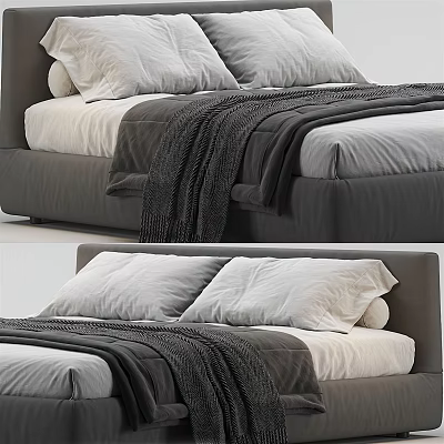 Modern Double Bed With Upholstered Headboard White Pillows And Gray Throw Blanket 3d model