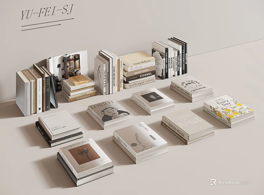 Modern Stacked Books And Art Magazines With Stylish Covers For Decorative 3d model 