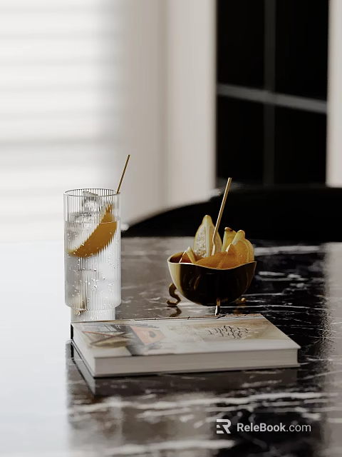 Stylish Decorative Accessory Set With Clear Glass Cup Metal Bowl Lemon Slices On Black Tabletop 3d model 