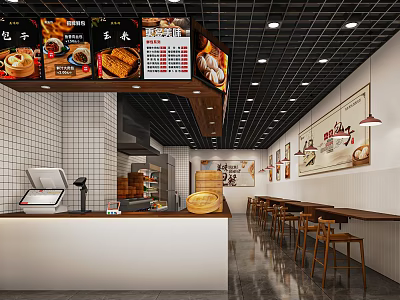 Modern Fast Food Restaurant Interior With Order Counter Menu Boards Wooden Tables And Wall Paintings 3d model