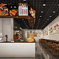 Modern Fast Food Restaurant Interior With Order Counter Menu Boards Wooden Tables And Wall Paintings