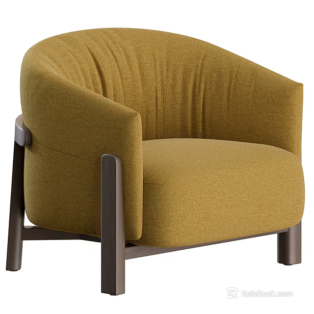 Modern Mustard Yellow Upholstered Armchair With Curved Back Pleated Details And Dark Brown Wooden Legs 3d model 