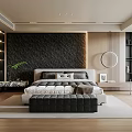 Modern Bedroom Interior With Textured Accent Wall Platform Bed Upholstered Bench And Round Mirror