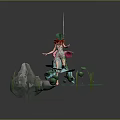 Game Movie Fantasy Character With Red Hair Green Dress On Water Lily Pads And Rock
