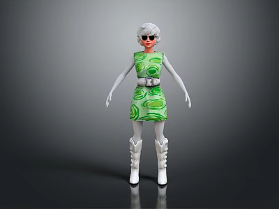 Stylish Game Movie Character With White Hair Sunglasses Green Dress Spiral Patterns And White Boots 3d model