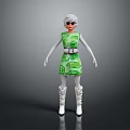 Stylish Game Movie Character With White Hair Sunglasses Green Dress Spiral Patterns And White Boots