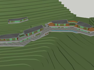 Garden Landscape Design With Sloped Green Terrain And Traditional Courtyard Buildings 3d model