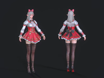 Woman with Cat Ears in Red White Outfit and Thigh High Stockings Red High Heels 3d model