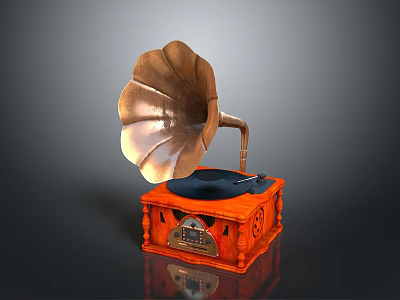 Vintage Gramophone Electronic Appliance With Brass Horn Orange Base And Ornate Turntable 3d model
