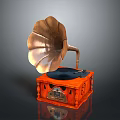 Vintage Gramophone Electronic Appliance With Brass Horn Orange Base And Ornate Turntable