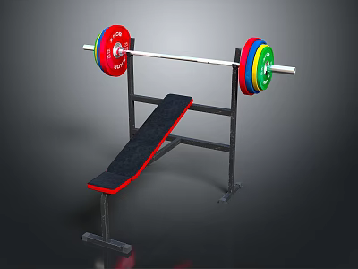 Fitness Equipment Bench Press Rack with Black Red Edge Pad and Colorful Weight Plates Barbell 3d model