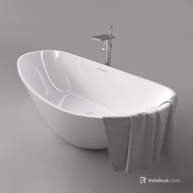 Sleek White Freestanding Bathtub With Chrome Faucet And Gray Towel 3d model 