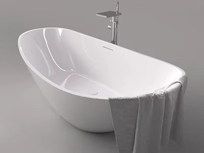 Sleek White Freestanding Bathtub With Chrome Faucet And Gray Towel 3d model